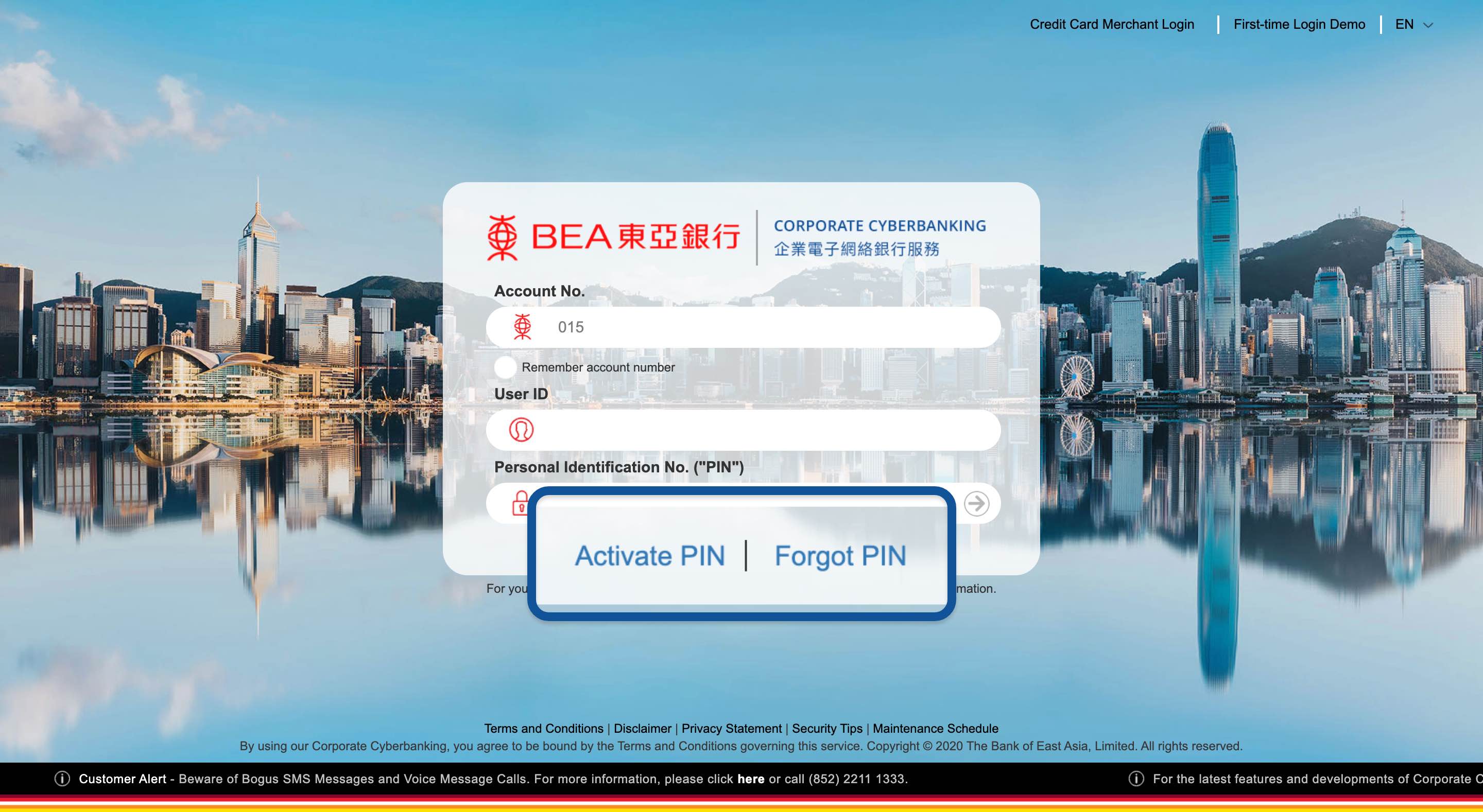 Corporate Banking login page