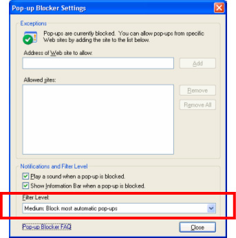 Pop-up Blocker Settings screen
