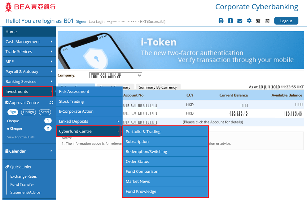 Corporate Cyberbanking (“CCB”) function – Cyberfund Centre