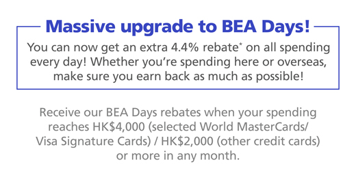 Mass upgrade to BEA Days! You can now get an extra 4.4% rebate* on all spending every day! Whether you're spending here or overseas, on food, goods, or entertainment, make sure you earn back as much as possible! Receive our BEA Days rebates when your spending reaches HK$4000 (selected World Mastercards/Visa Signature Cards) / HK$2000 (Other credit cards) or more in any month.