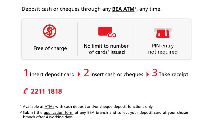 Deposit cash or cheques through any BEA ATM, any time.