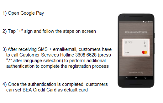 1. Download Google Pay app from Google Play Store, 2. Launch the app and add your BEA Credit Card by following the steps on screen, 3. Tap to pay