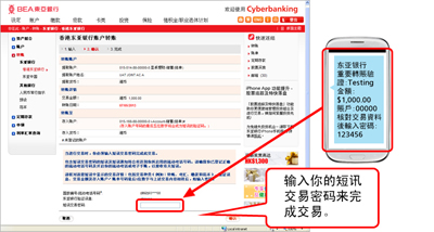 示范画面－输入你的短讯交易密码来完成交易。