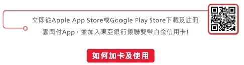 立即從Apple App Store或Google Play商店下載及註冊雲閃付APP，並加入東亞銀行銀聯雙幣白金信用卡!