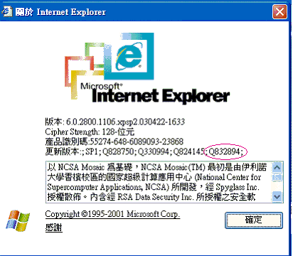 關於Internet Explorer畫面 關於Internet Explorer畫面